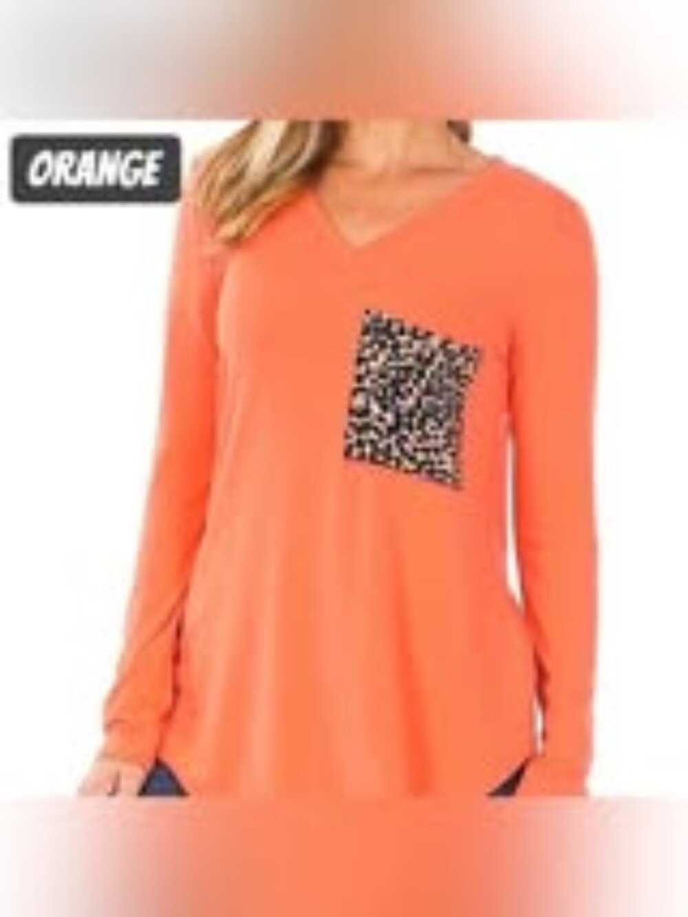 Orange Long Sleeve Top with Leopard Pocket